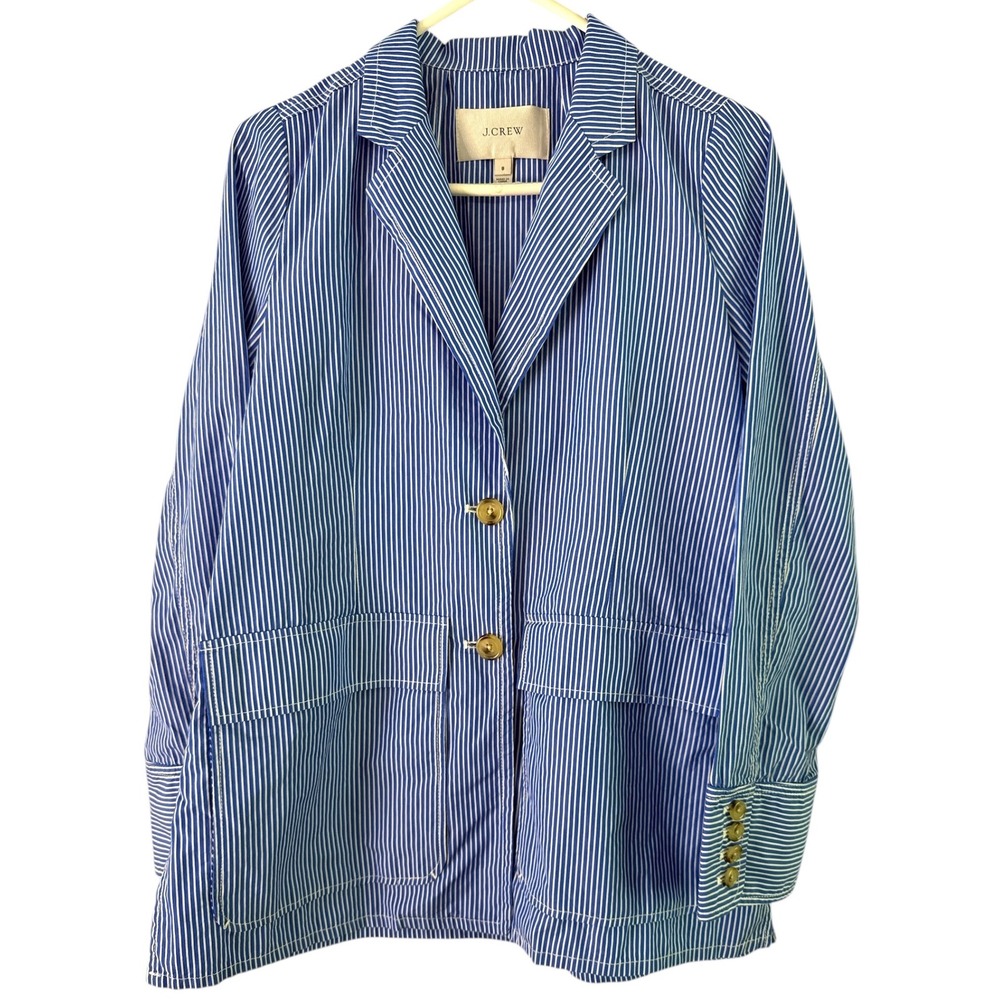 J.Crew Striped Blazer Cotton Button Front Pockets‎ Blue White Size 8